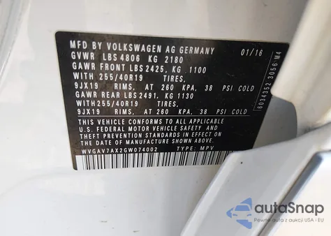 2016 Volkswagen Tiguan R-Line z USA, uszkodzony, nr VIN WVGAV7AX2GW074002